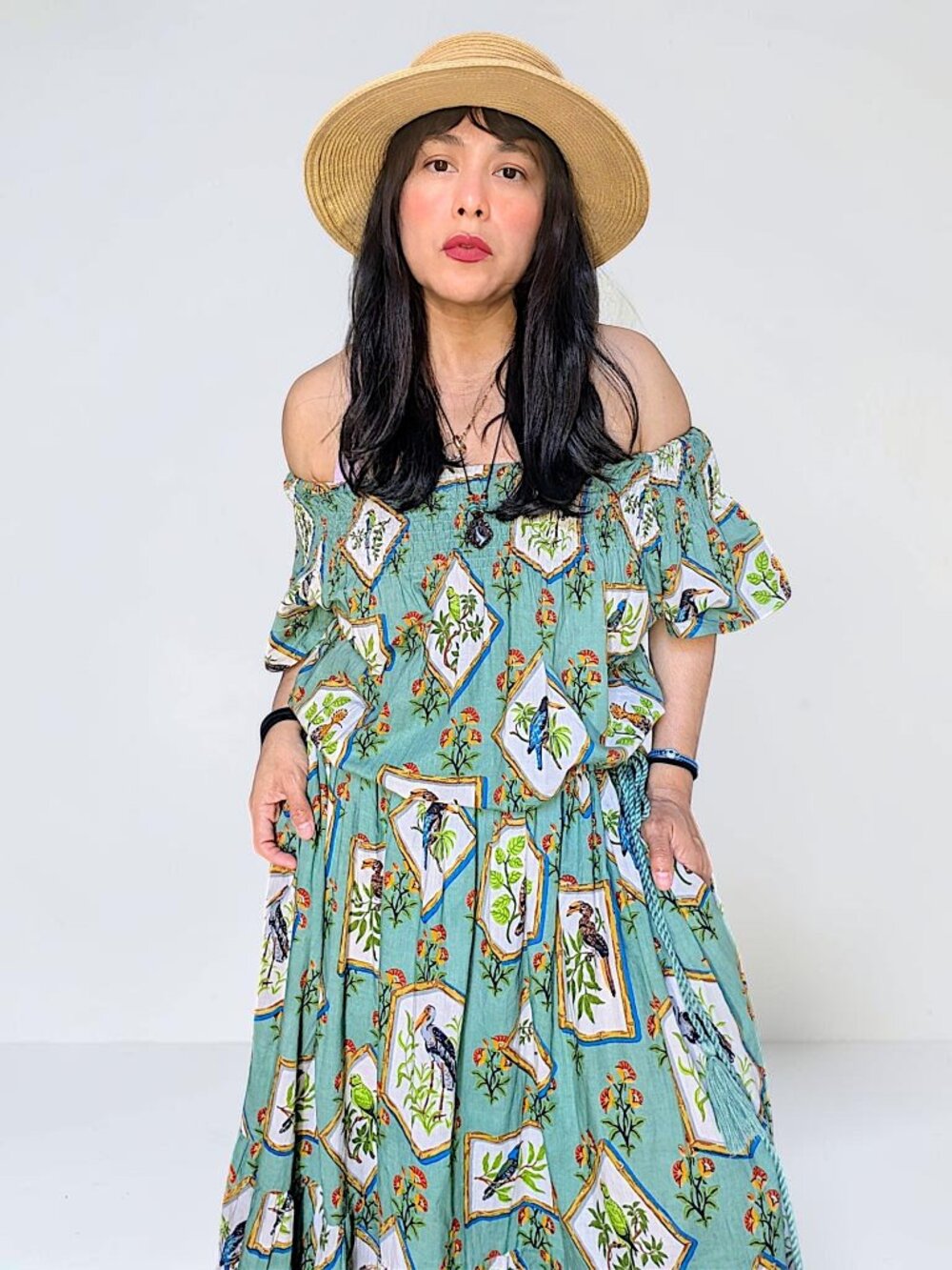 Printfresh 100% organic cotton birds of India sage green boho fairy dress XL New